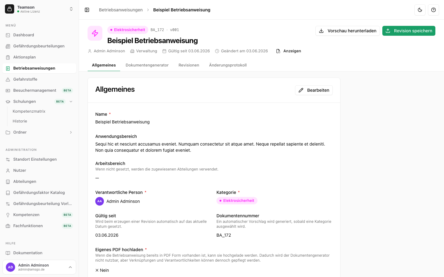 Allgemeine Angaben einer Betriebsanweisung
