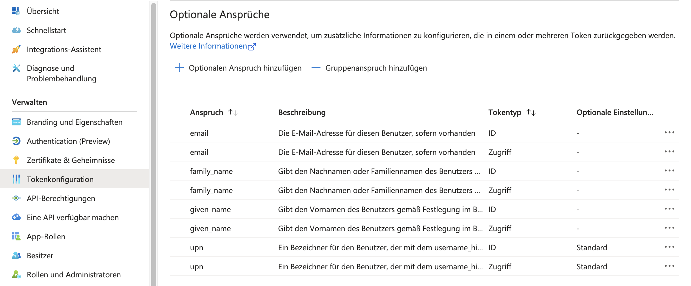 SSO oAuth Tokenkonfiguration